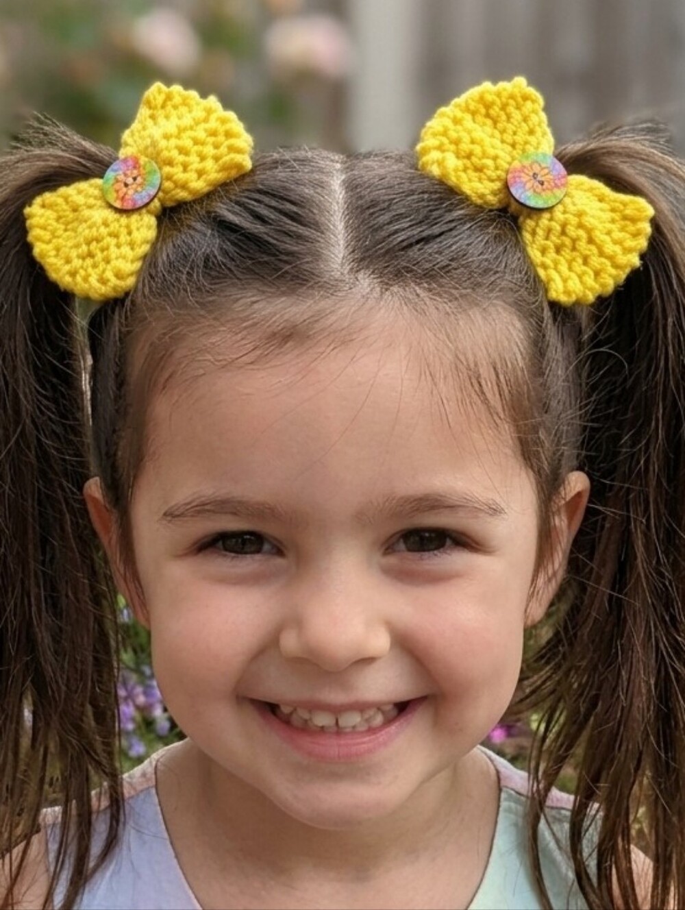 Hand Knit Girls Yellow Bow Ponytail Holders With Button